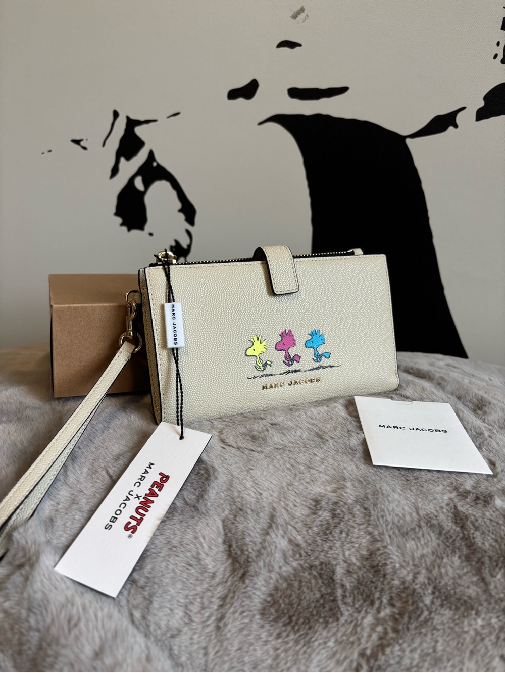 Marc Jacobs Cream Leather Wristlet with Colorful Peanuts Embroidery